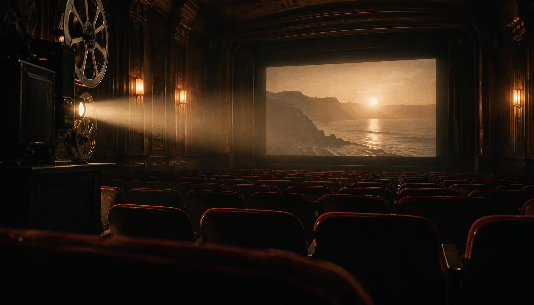 An empty screening room lit by a projector beam
